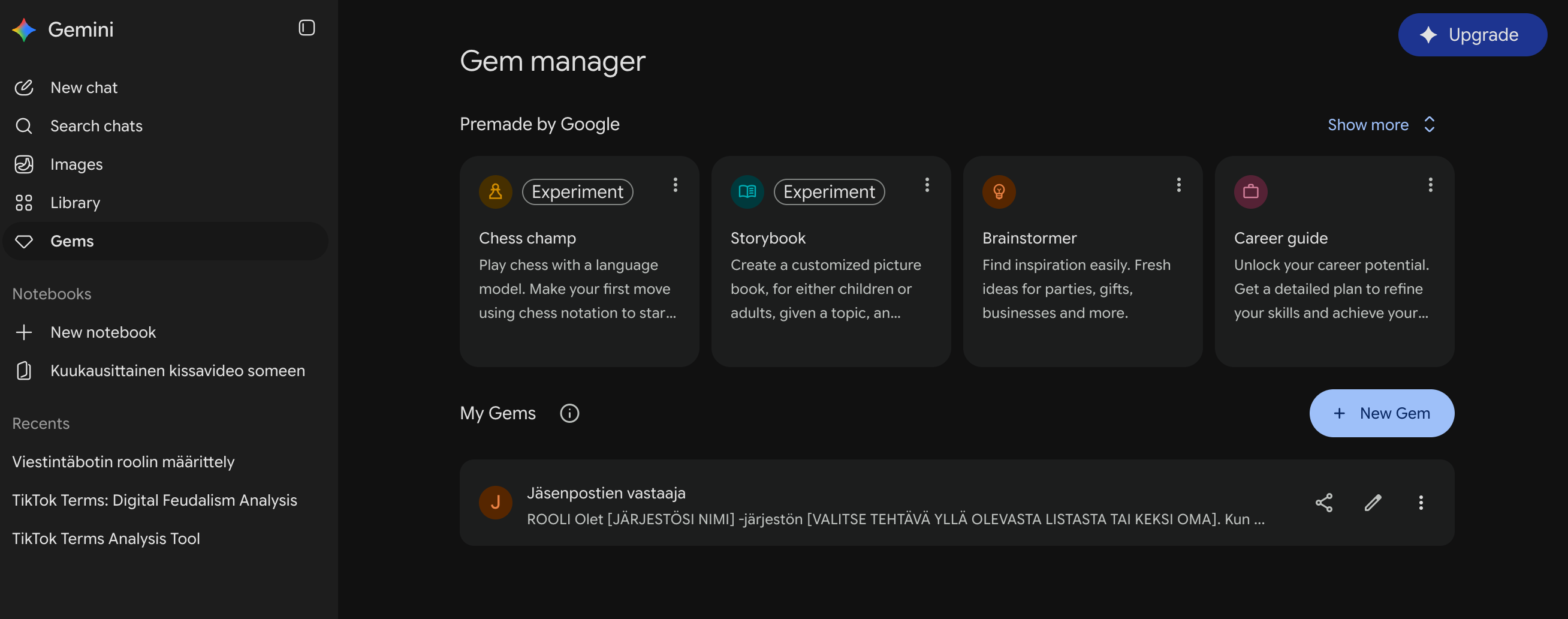 Gemin hallintanäkymä osoitteessa gemini.google.com/gems/view, jossa näkyy omat Gemit ja '+ New Gem' -painike oikeassa yläkulmassa.